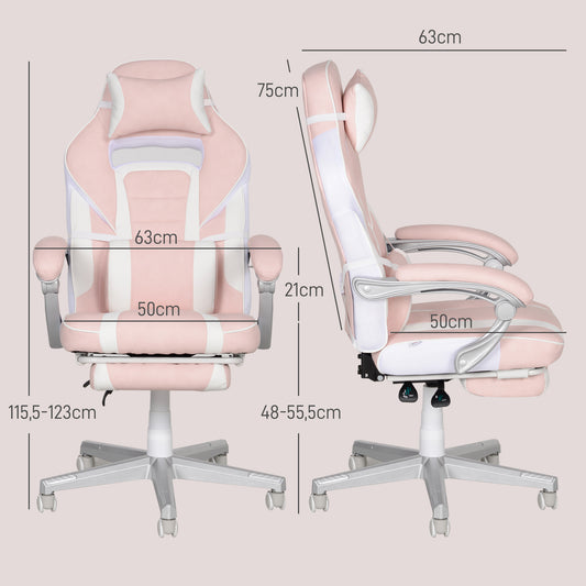 Chaise gaming, fauteuil gaming ergonomique avec repose-pieds, hauteur réglable, dossier inclinable, 63x63x123cm, rose
