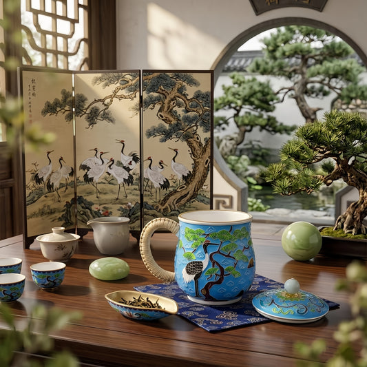 Cloisonné Crane Serenity Luxus Teetasse mit Deckel und Rattangriff