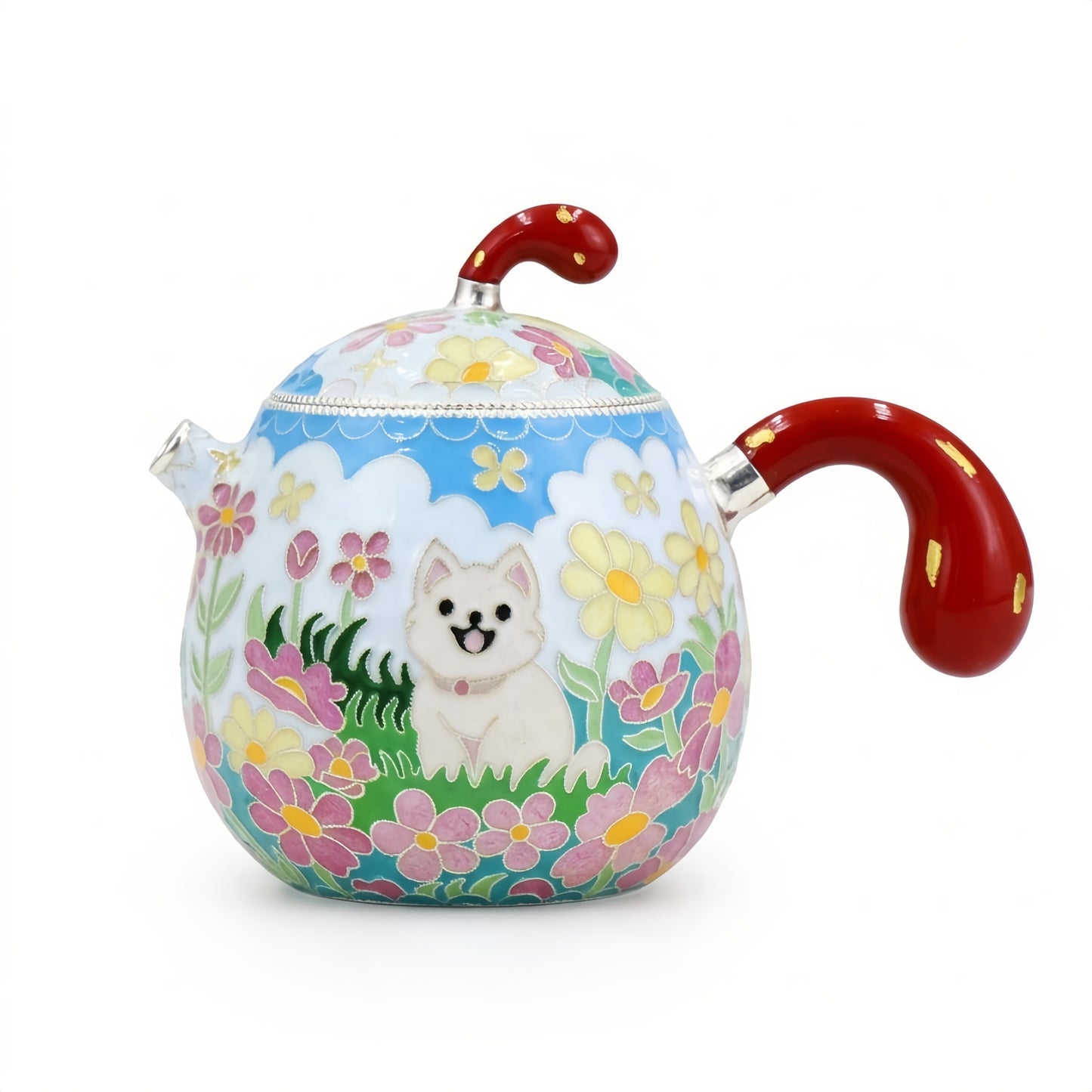 
individuell Handgefertigter Verspielte Keramikkanne mit Katzenmotiv, bunten Blumen und rotem Griff im kreativen Retro-Design