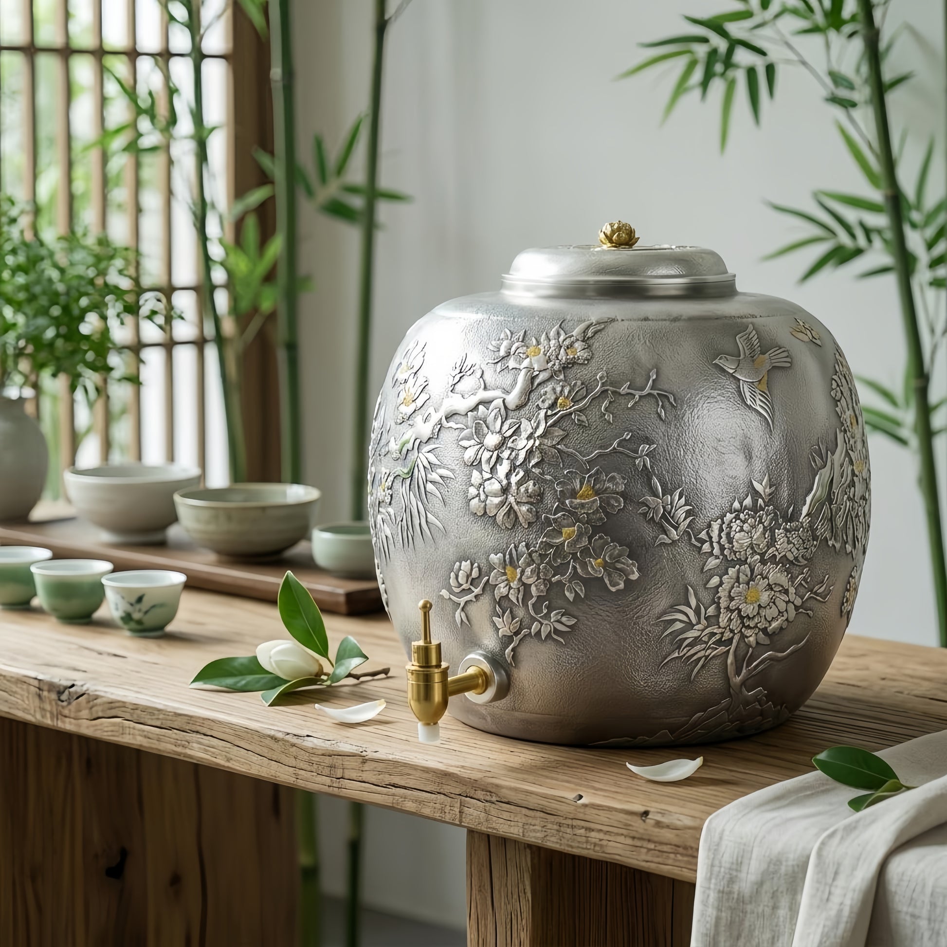 individuell Handgefertigter Eleganter Keramik-Getränkespender mit floralem Reliefmuster und Zapfhahn im asiatischen Stil