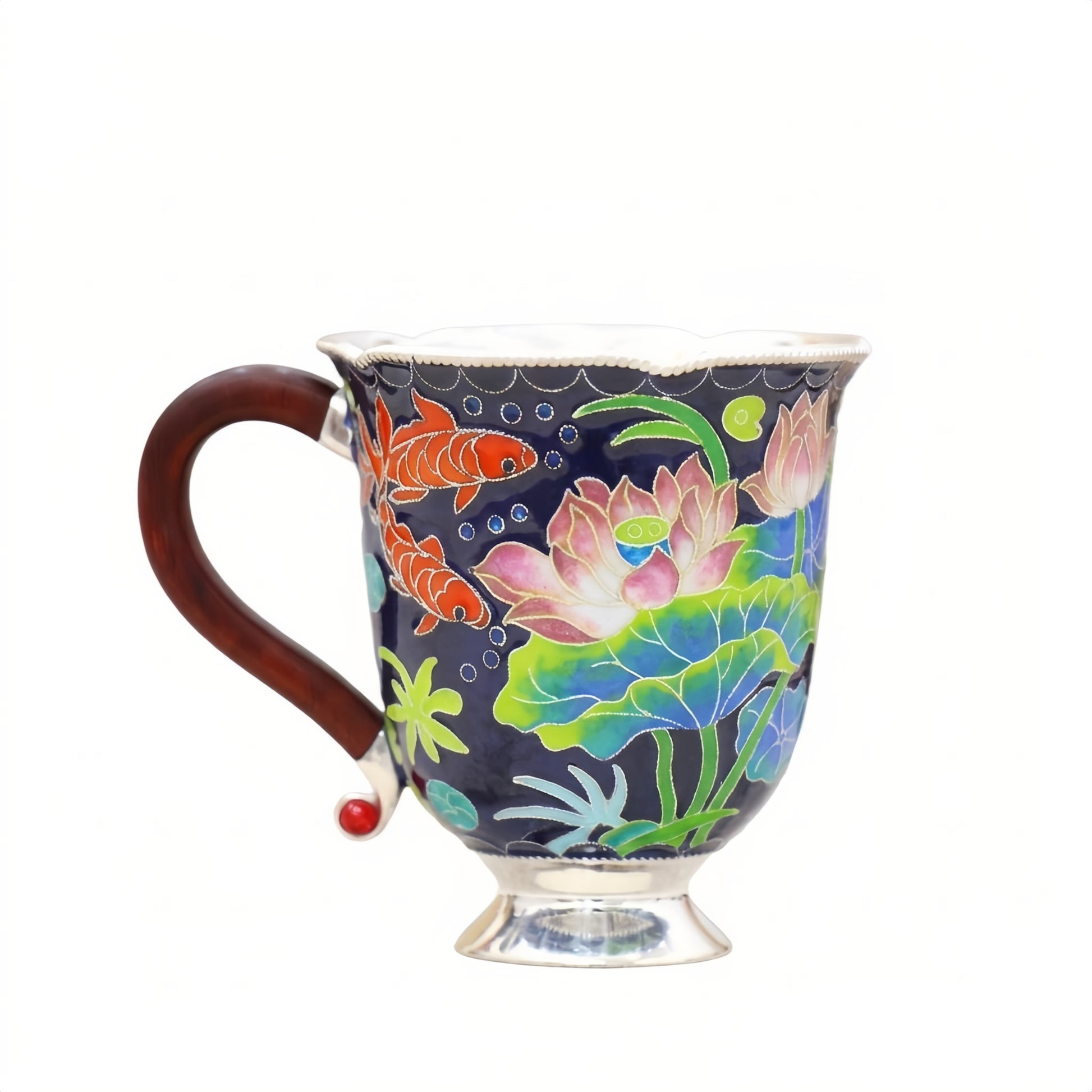 individuell Handgefertigter Dekorative Keramiktasse mit Lotusblüten- und Fischmotiv im farbenfrohen asiatischen Design