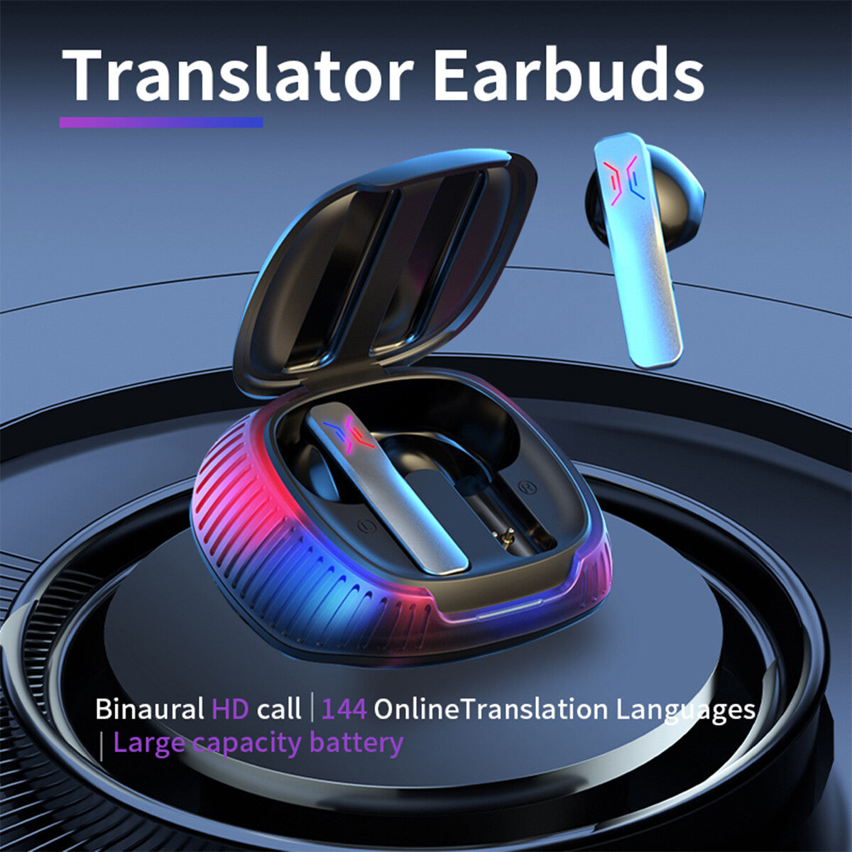 AI Translator Earbuds mit Ladecase, Bluetooth-Verbindung und Echtzeit-Sprachübersetzung in 144 Sprachen