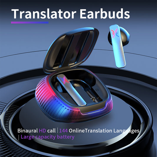 AI Translator Earbuds mit Ladecase, Bluetooth-Verbindung und Echtzeit-Sprachübersetzung in 144 Sprachen